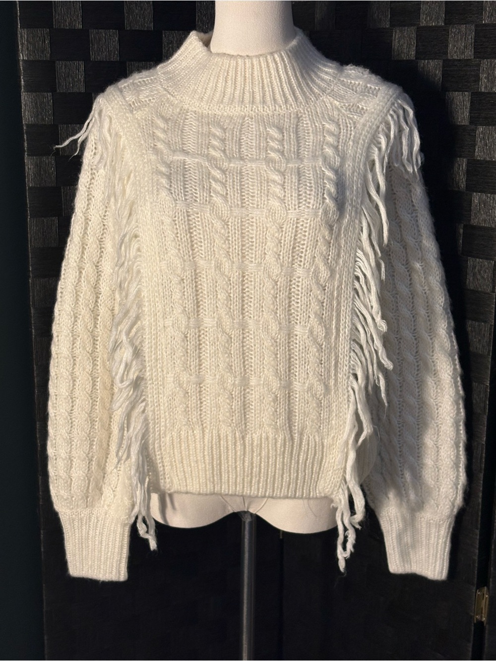 Altar'd State Boho Cable Knit Mock Neck Fringe
